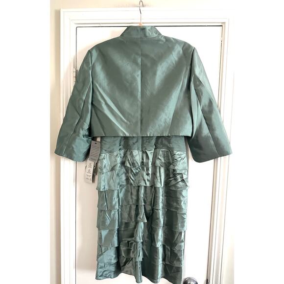 ADRIANNA PAPELL Shutter Pleat Dress Bolero Jacket Silk Sea Glass Green Sz 12 NWT - Picture 3 of 10